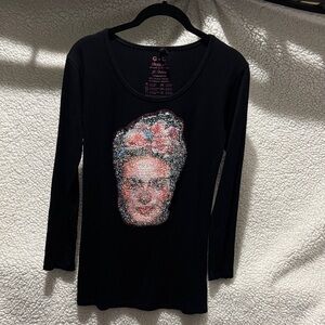 Elegant Black Long Sleeve Top with Artistic Face Design